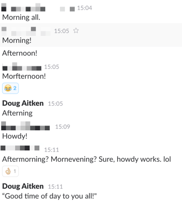 Screenshot from Slack channel showing various timezone based greetings